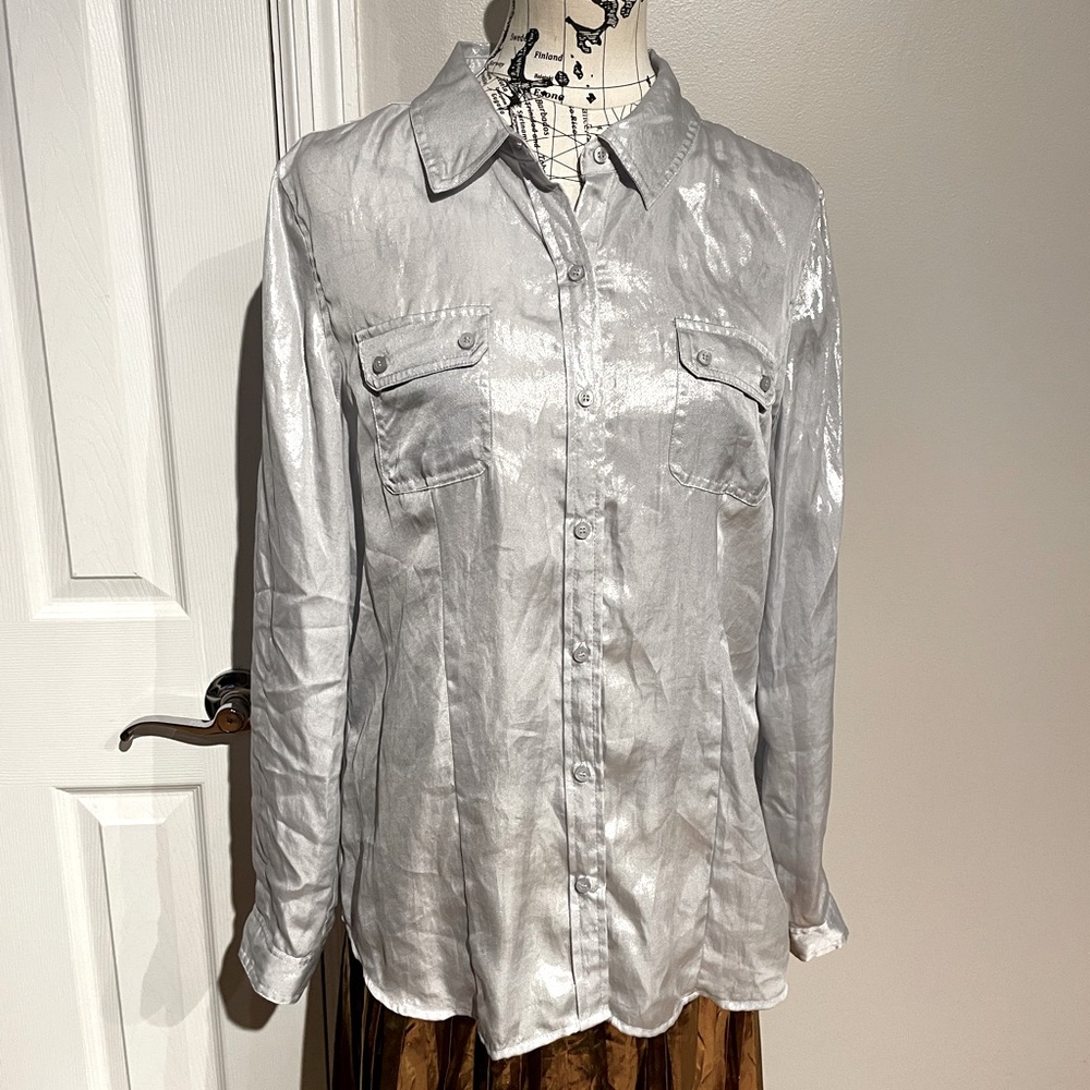 NWT Calvin Klein Suiting Iridescence Holographic Rollup shirt shiny shimmer L